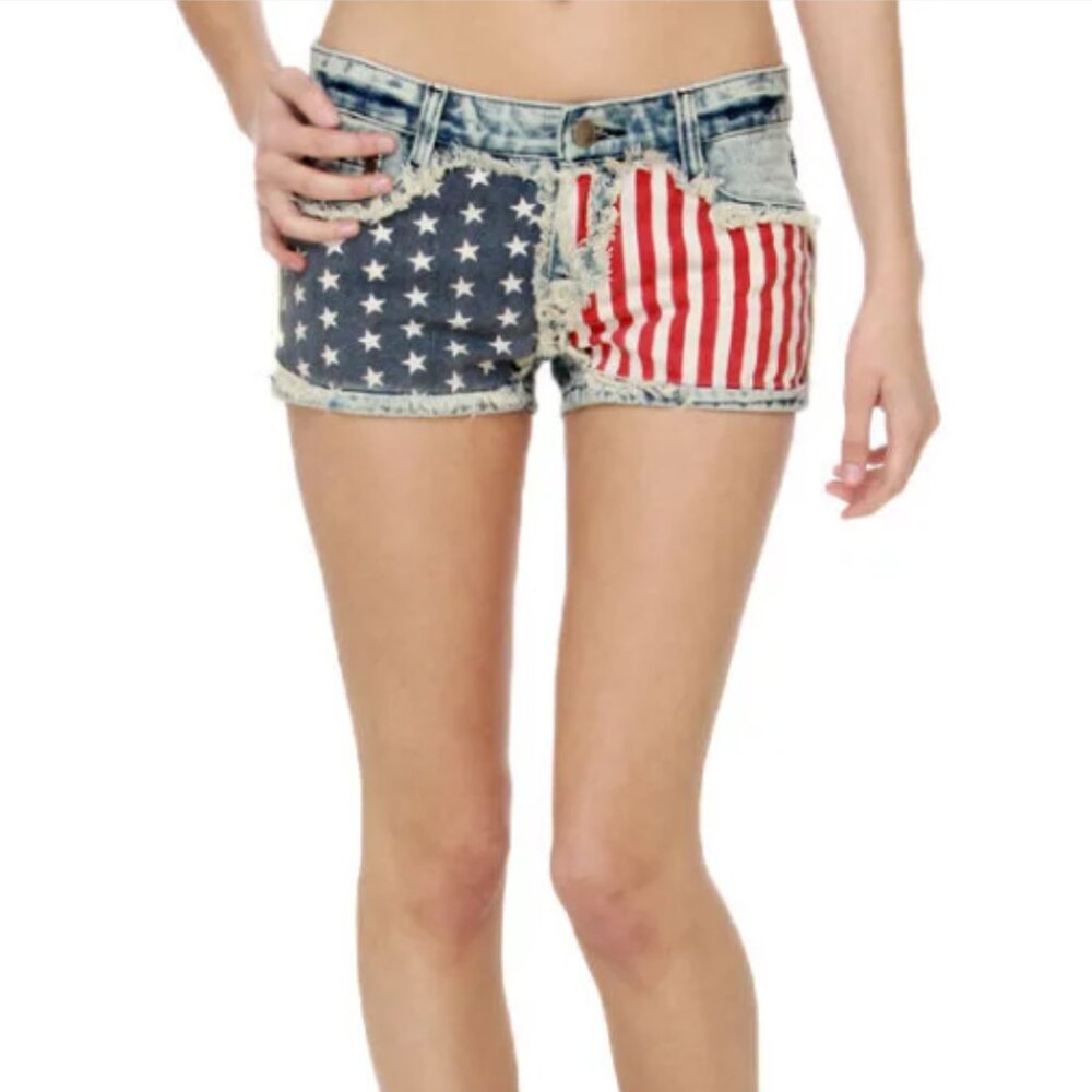 Hot Kiss Blue Distressed American Flag Low Rise Frayed Edge Denim Shorts